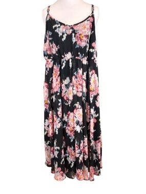 Torrid Size 1 Floral Hi Low Midi Dress Black Pink Sleeveless Prairiecore NEW